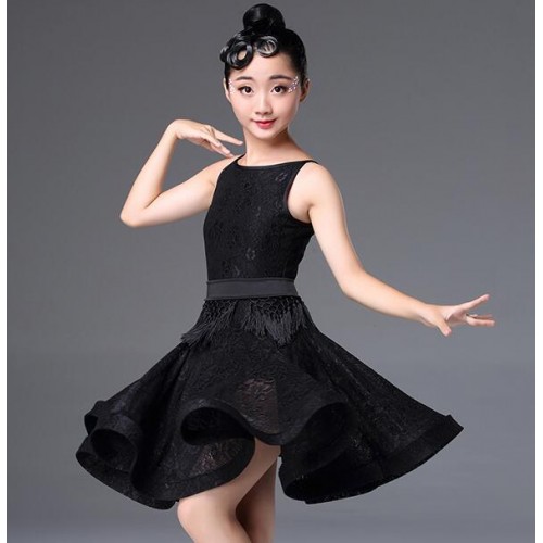 Kids lace latin dresses tassels pink violet black white red competition stage performance professional rumba samba salsa chacha dancing dresses